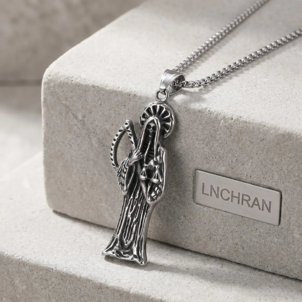 Silvery Stainless Steel Santa Muerte Grim Reaper Scales Pendant Necklace Gothic Mexican Dark Religious Jewelry Gift For Men Wome