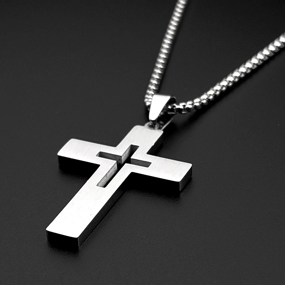 Lord’s Prayer Cross Pendant Necklace — Stainless Steel