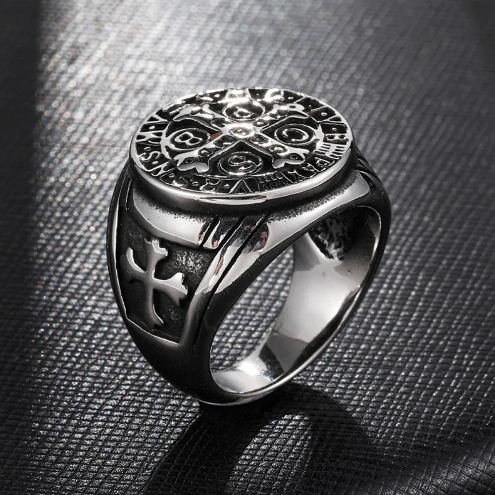 New Vintage Religious St. Benedict's Cross Ring Catholic Exorcism Church Men's Punk Niche Party Trend Metal Ring