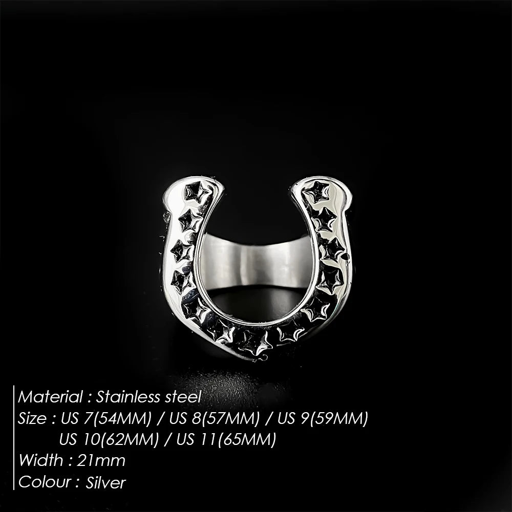 EManco Horseshoe U-shaped Star Retro Stainless Steel Men's Rings Punk Hip Hop for Male Boyfriend Biker Jewelry Creativity Gift