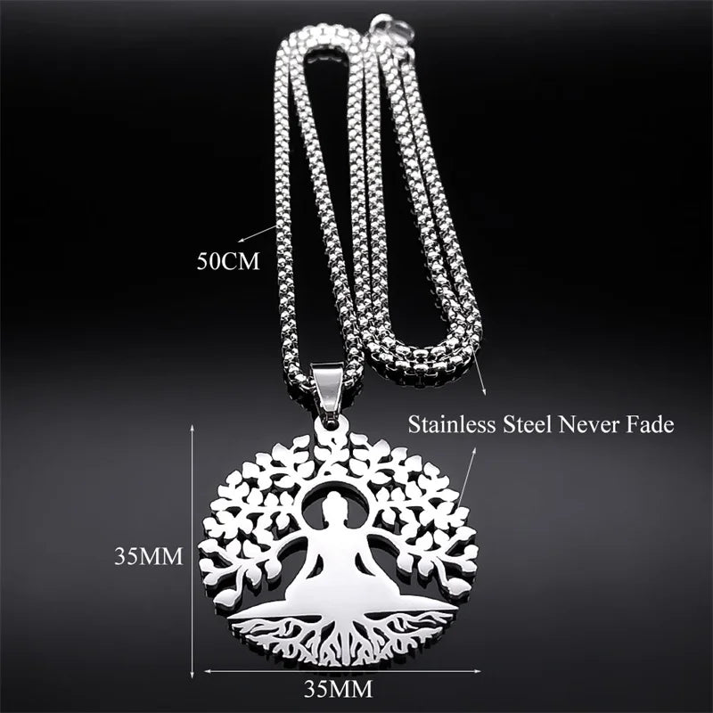 Buddhism Meditation Buddha Yoga Pendant Necklace Stainless Steel Tree of Life Buddhist Chakras Reiki Chain Jewelry Collar