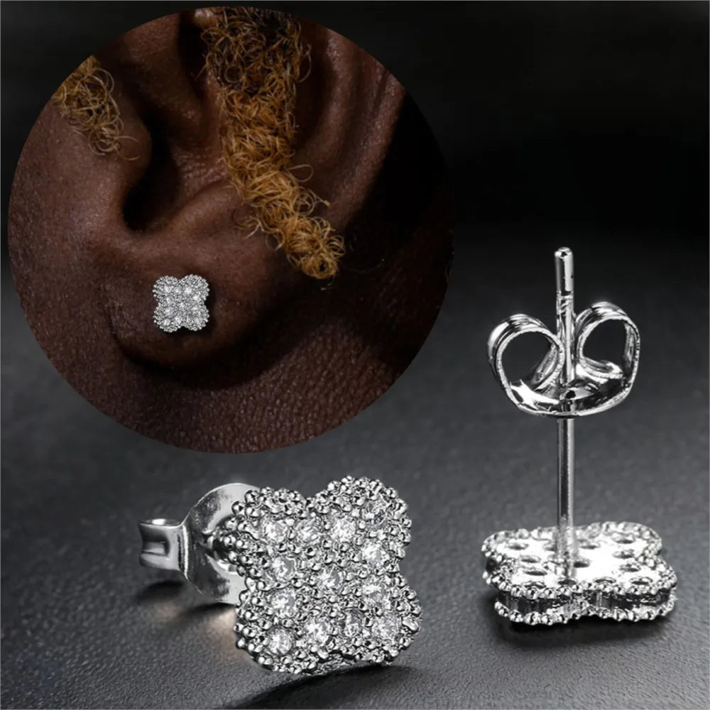 Silver Iced Out Four Leaf Clover Stud Earrings