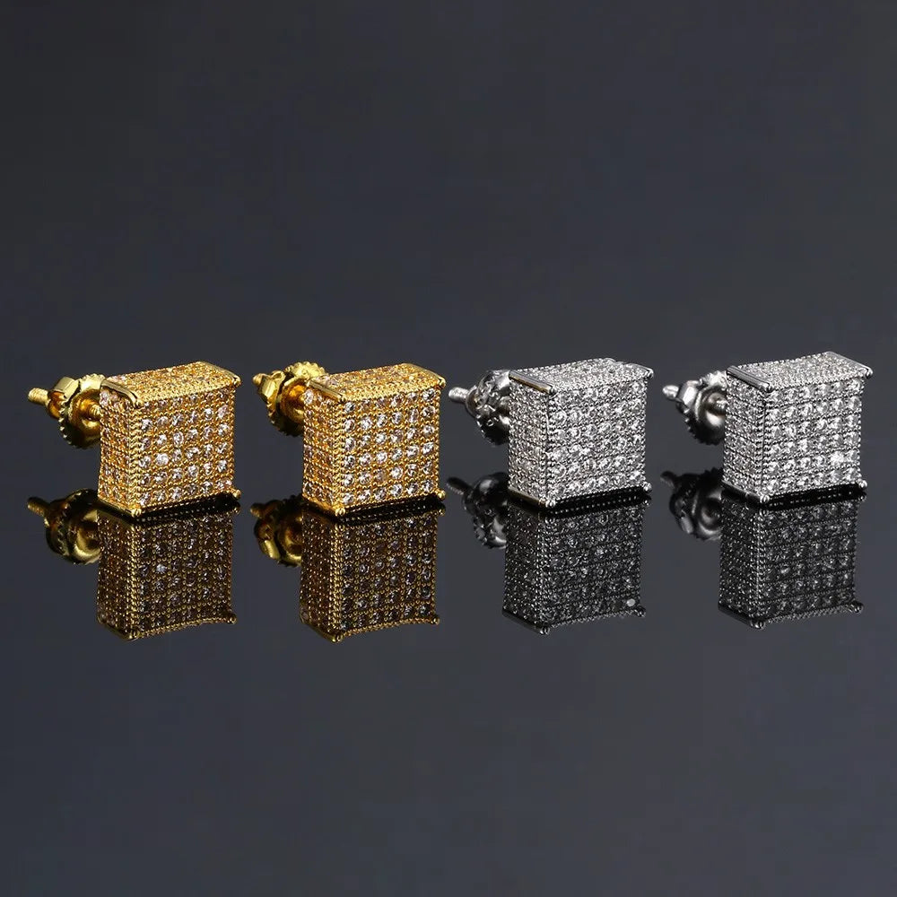 Gold Color Earrings For Men Women Punk Silver Color Square Cubic Zirconia Earings Sparkling Jewelry Gift For Male