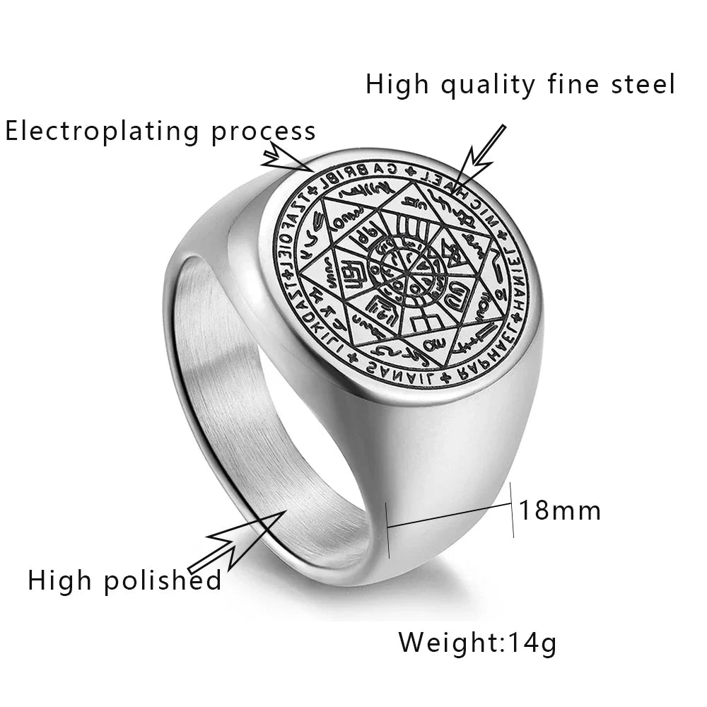YILUOCD Seal of The Seven Archangels Rings for Men The Key of Solomon Ring Kabbalah Talisman Amulet Stainless Steel Male Jewelry