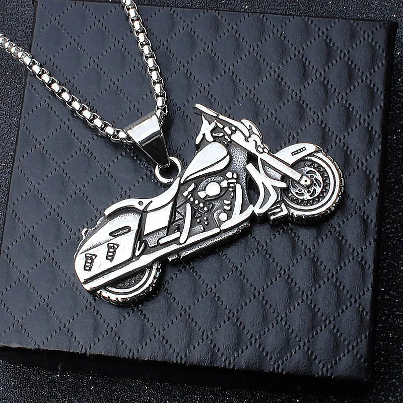 Silver Motorcycle Box Chain Pendant Necklace