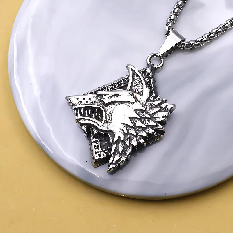Vintage Silver Wolf Head Pendant Necklace