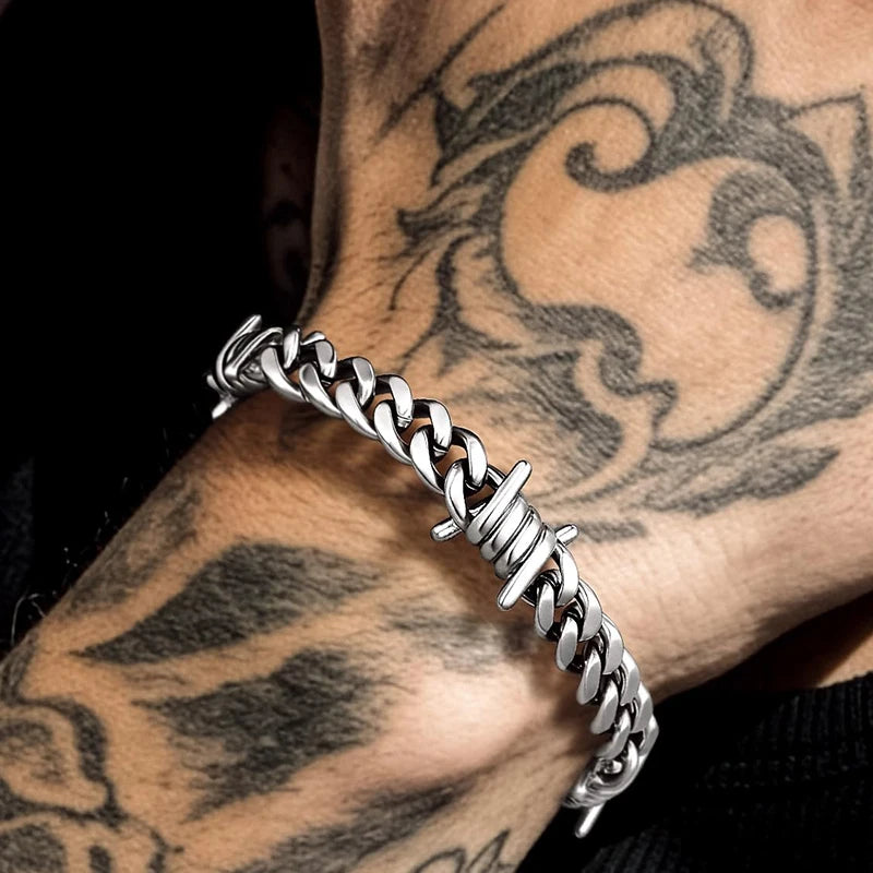 Barbed Wire Cuban Link Stainless Steel Thorn Bracelet Adjustable Punk Emo Style Chain Bracelets For Men Women Fashion