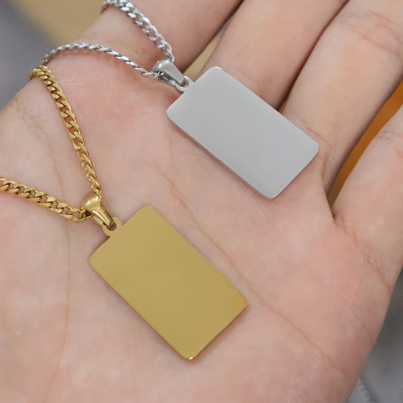 Cuban Chain Strip Bar Pendant Necklace — Stainless Steel