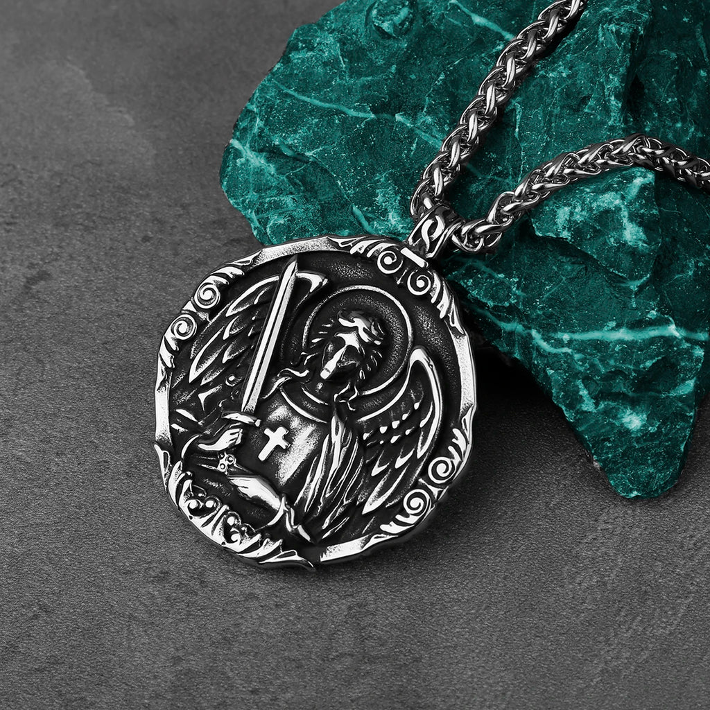 St. Michael Archangel Cross Protection American Pendant Men's Women's Vintage Charm Pendant Necklace Stainless Steel Jewelry