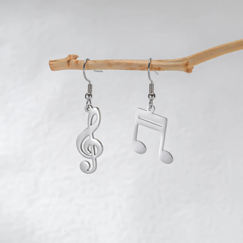 Music Note Drop Earrings for Women — Asymmetric Stainless Steel