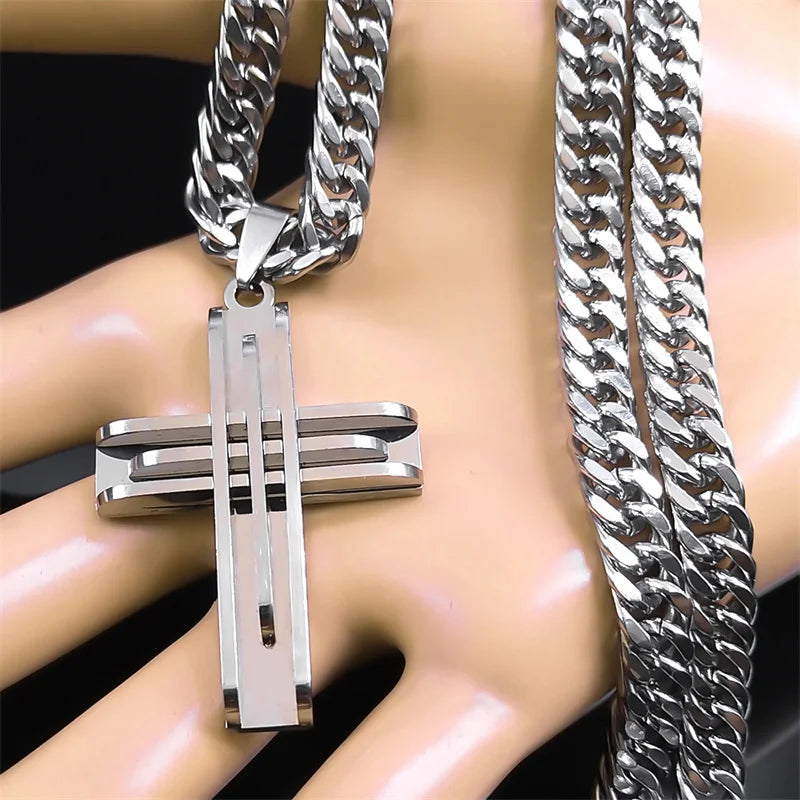 Cross Layered Silver Pendant Necklace — Stainless Steel