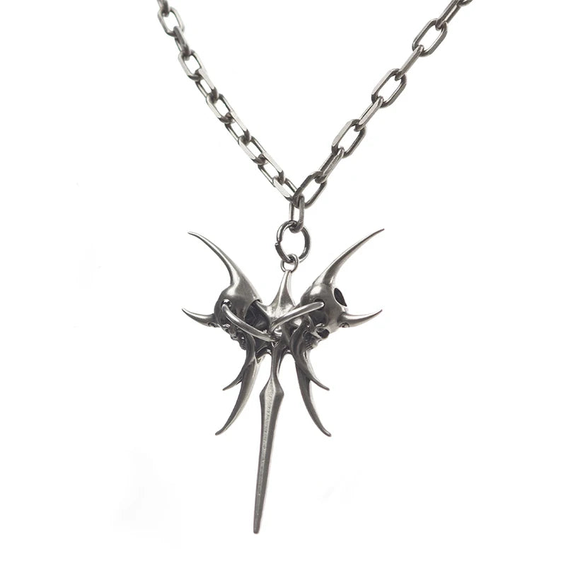 Double Skull Horn Pendant Necklace — Copper