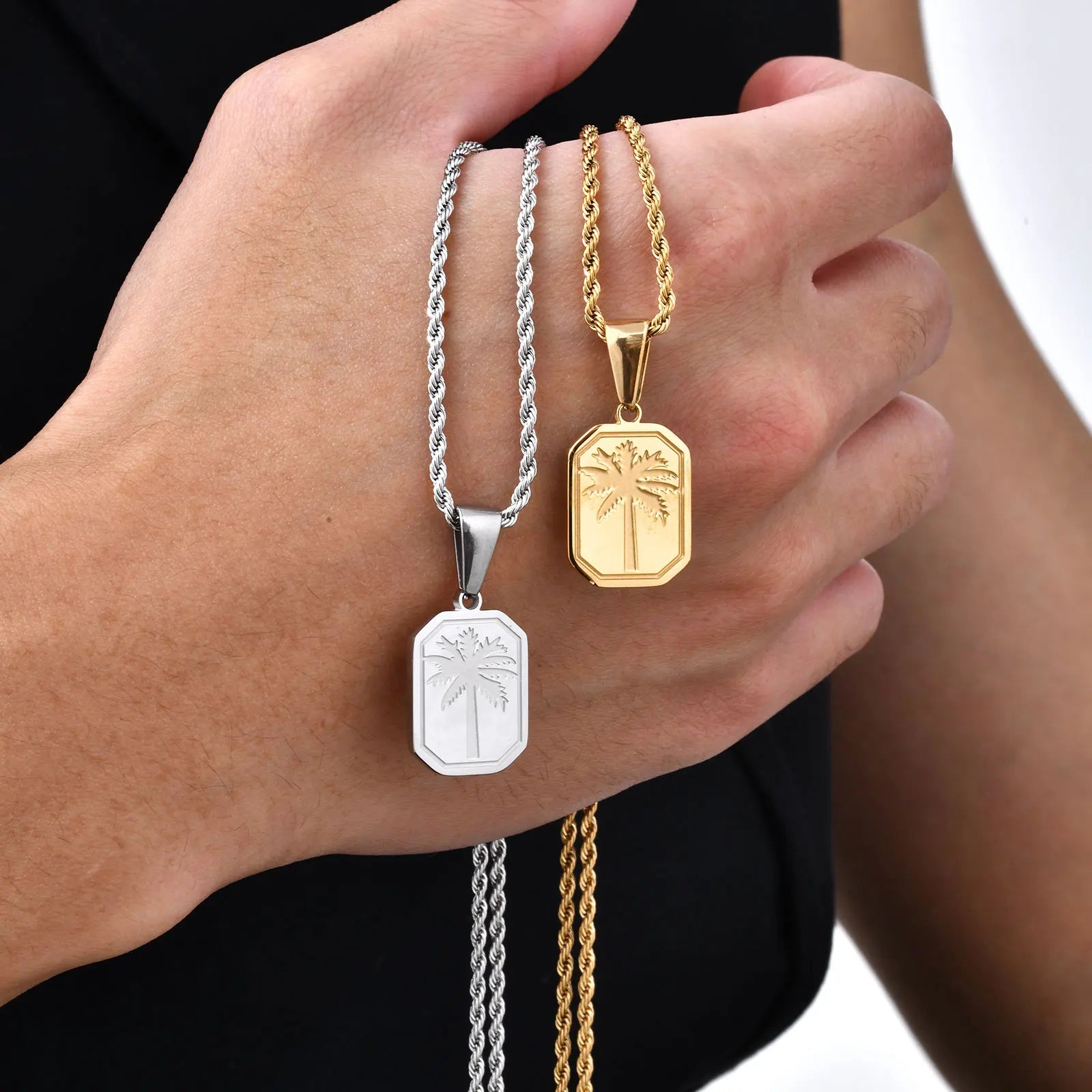 Palm Tree Square Pendant Necklace — Stainless Steel