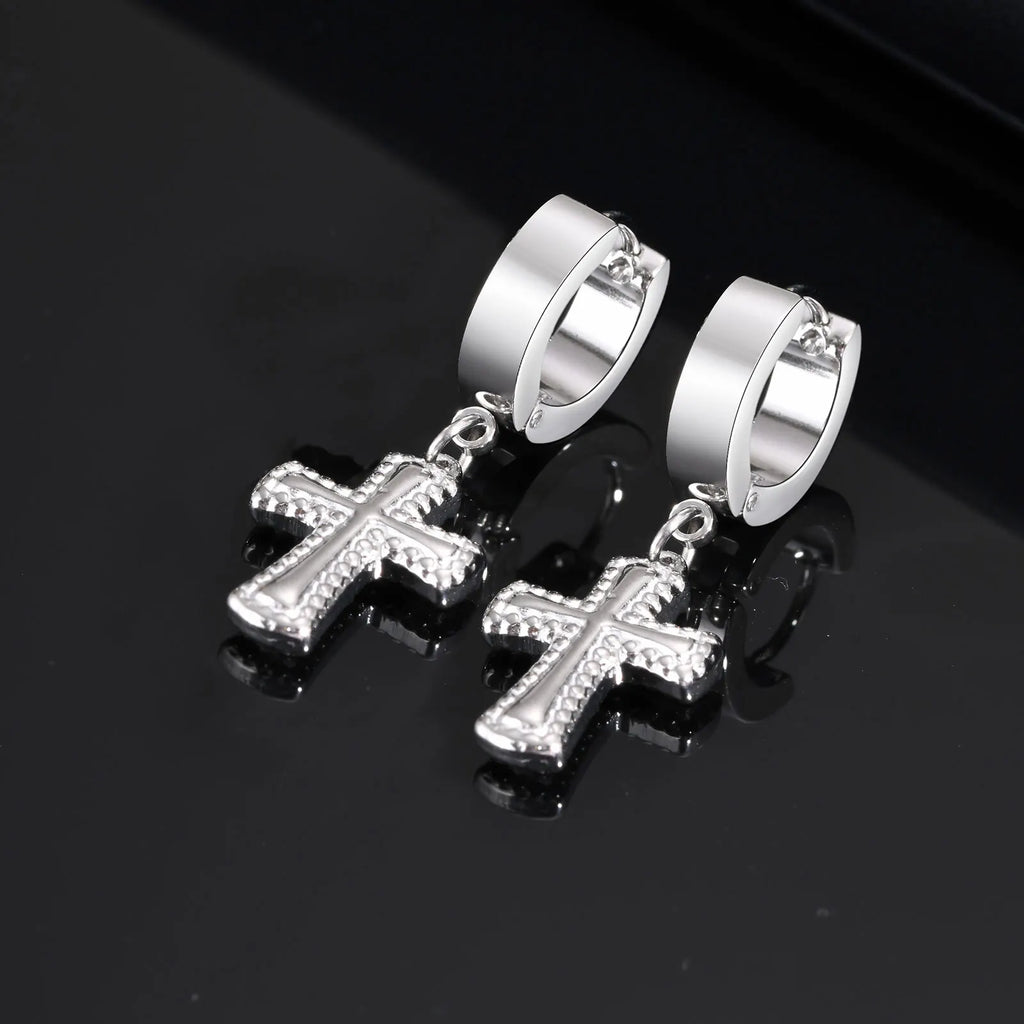Cross Huggie Hoop Earrings — Stainless Steel