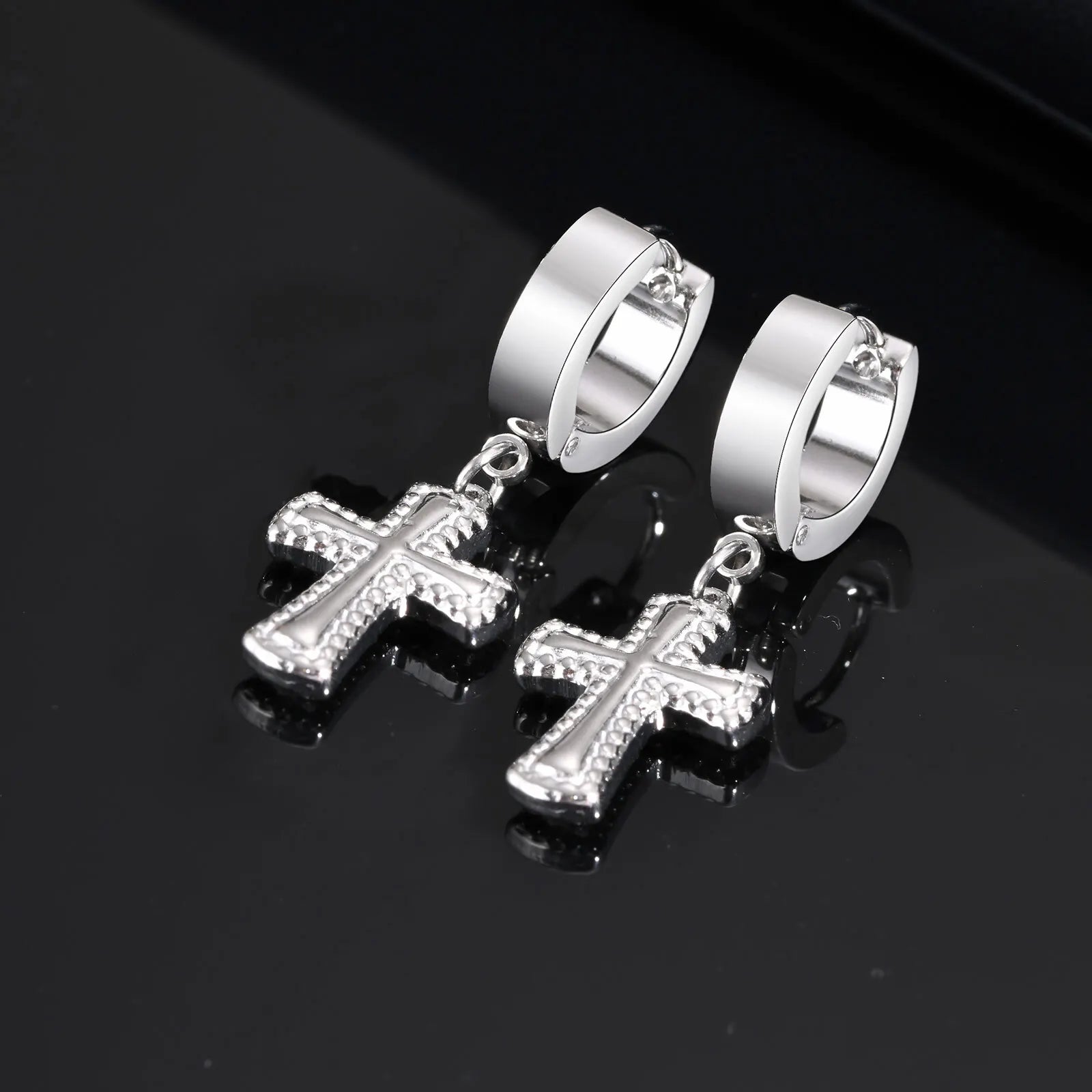 Cross Huggie Hoop Earrings — Stainless Steel