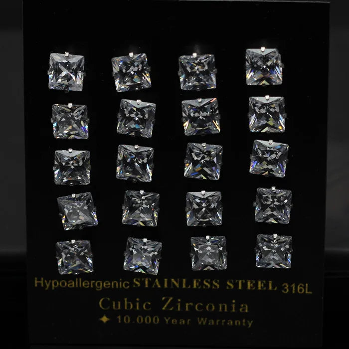 LUXUKISSKIDS Brilliant Square Stud Earrings 10pairs/Lot Novel Clearly Large 3A Cubic Zirconia Stainless Steel Wholesale