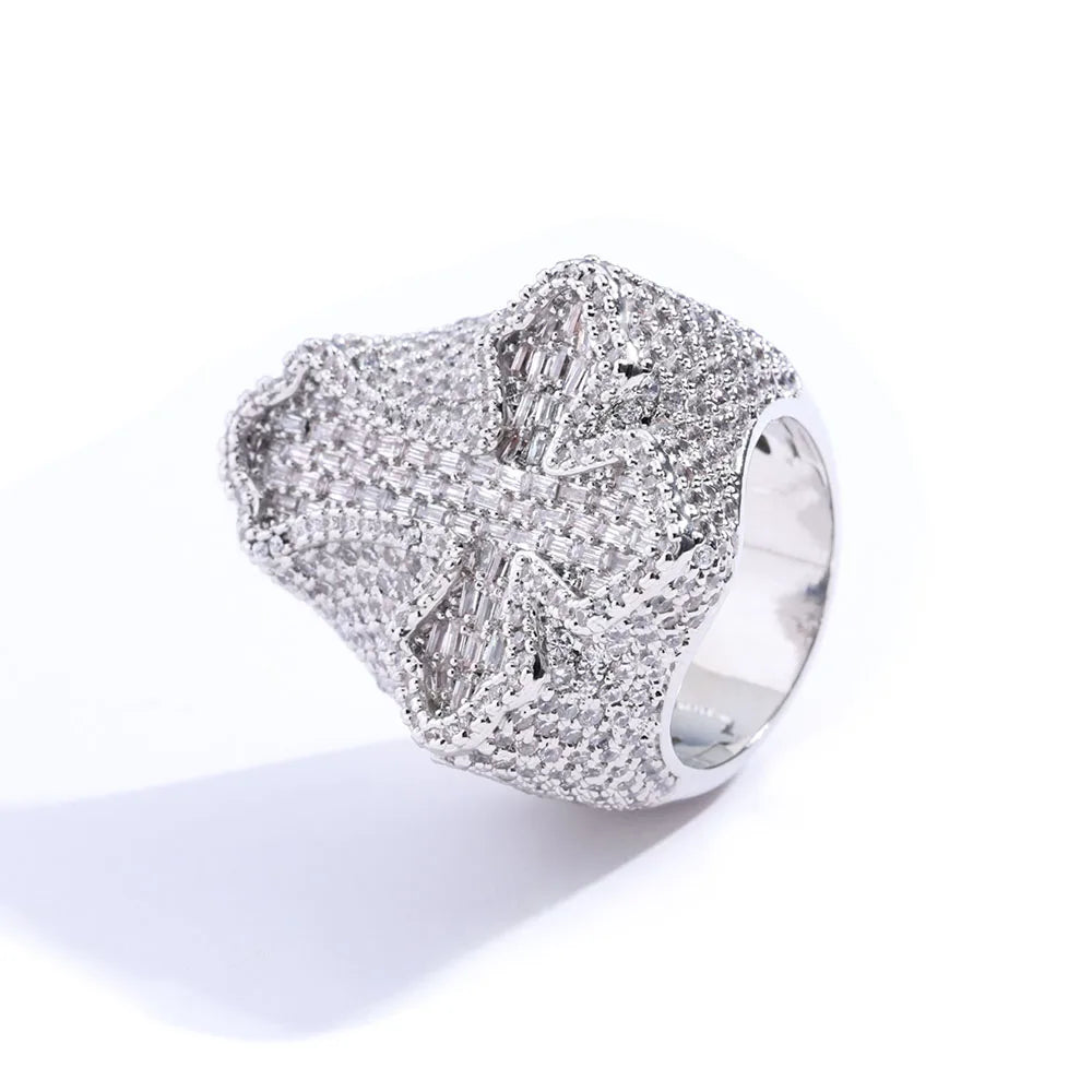 Iced Out Round & T-Shaped Cuban Cross Ring — Copper Alloy