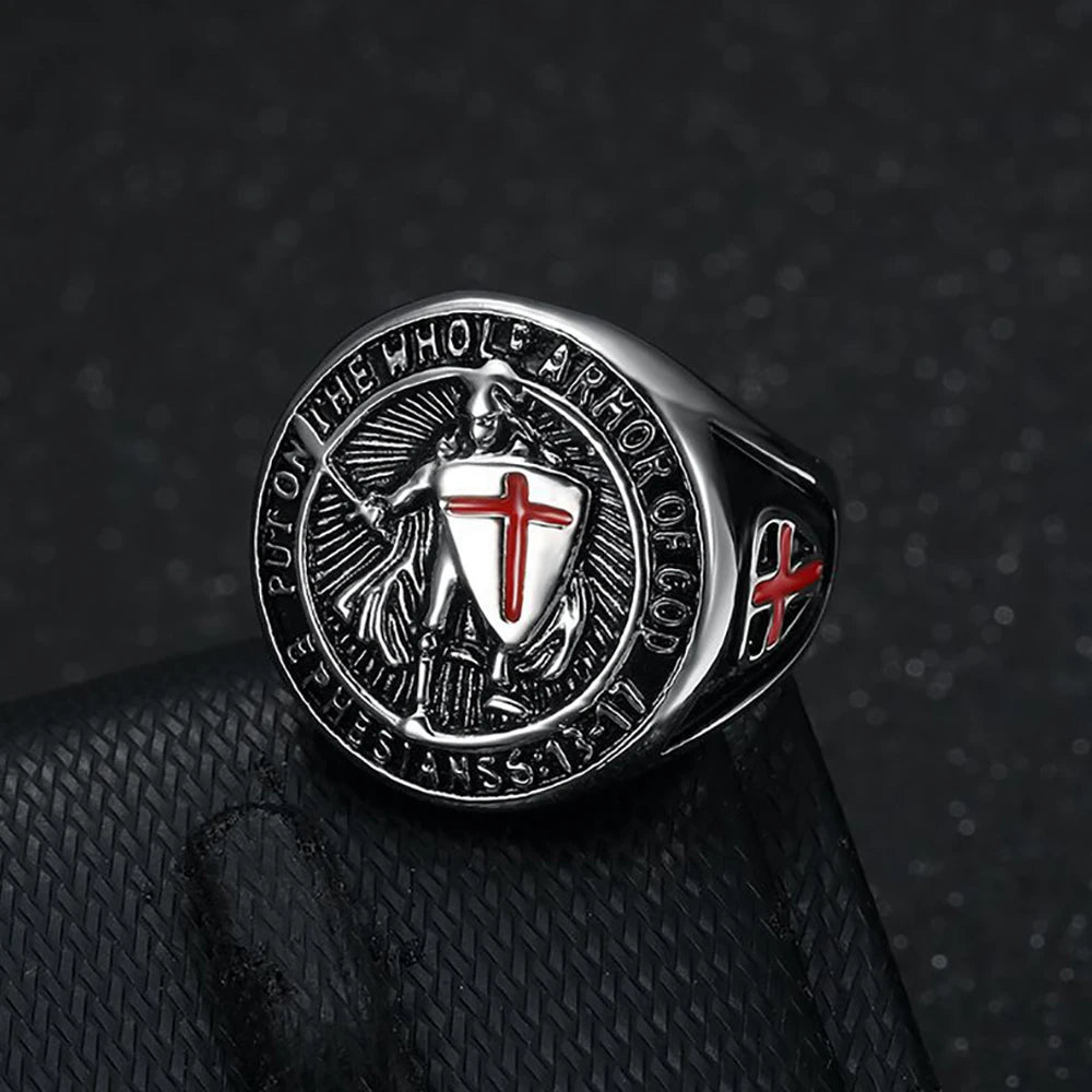 Vintage Stainless Steel Knights Templar Rings For Men Women Hip Hop Biker Cross Warriors Red Shield Ring Amulet Jewelry
