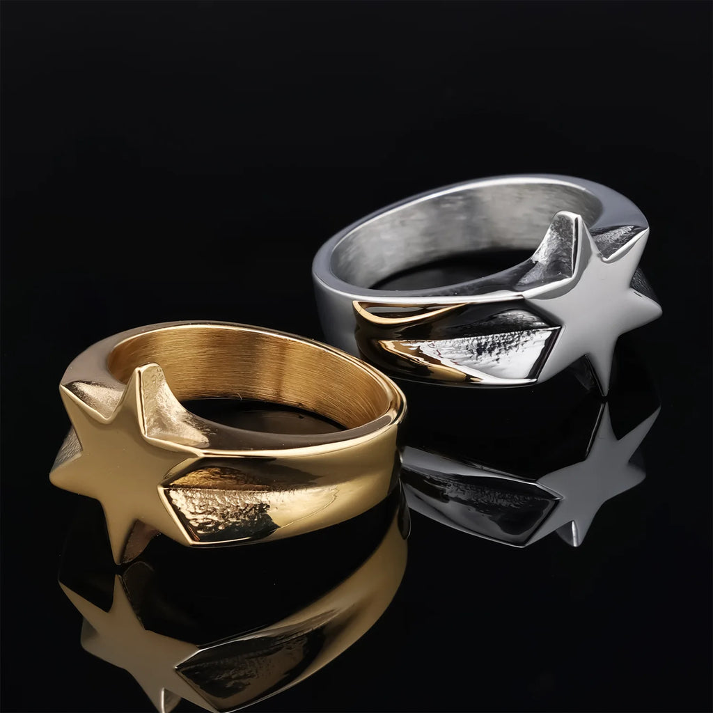 Simple Six-Point Star Band Ring — Stainless Steel