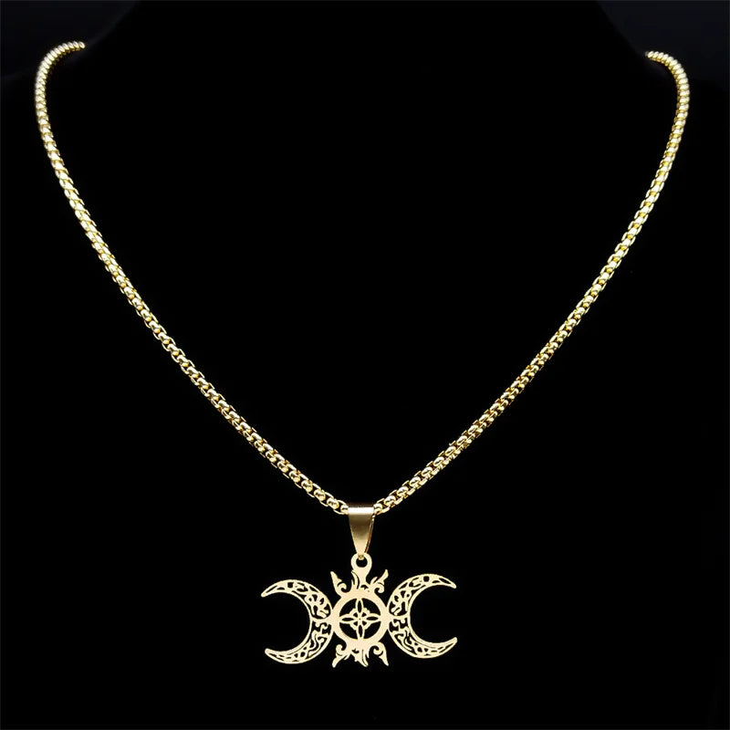 Wicca Celtic Knot Triple Moon Goddess Necklace Stainless Steel Gold Color Witch Amulet Chain Necklaces Pagan Jewelry