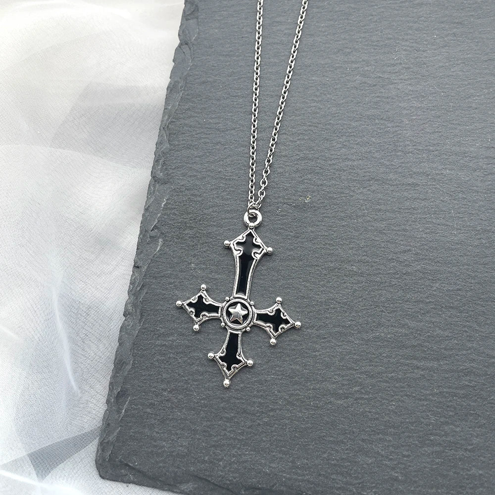 Y2k Black Series Cross And Bat Pendants Unisex Necklace Stainless Steel Chain Jewelry for Men And Women