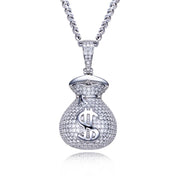 Iced Out Money Bag Dollar Pendant Necklace — Silver-Tone Metal