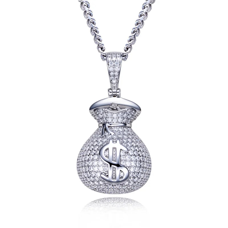 Iced Out Money Bag Pendant — 925 Silver