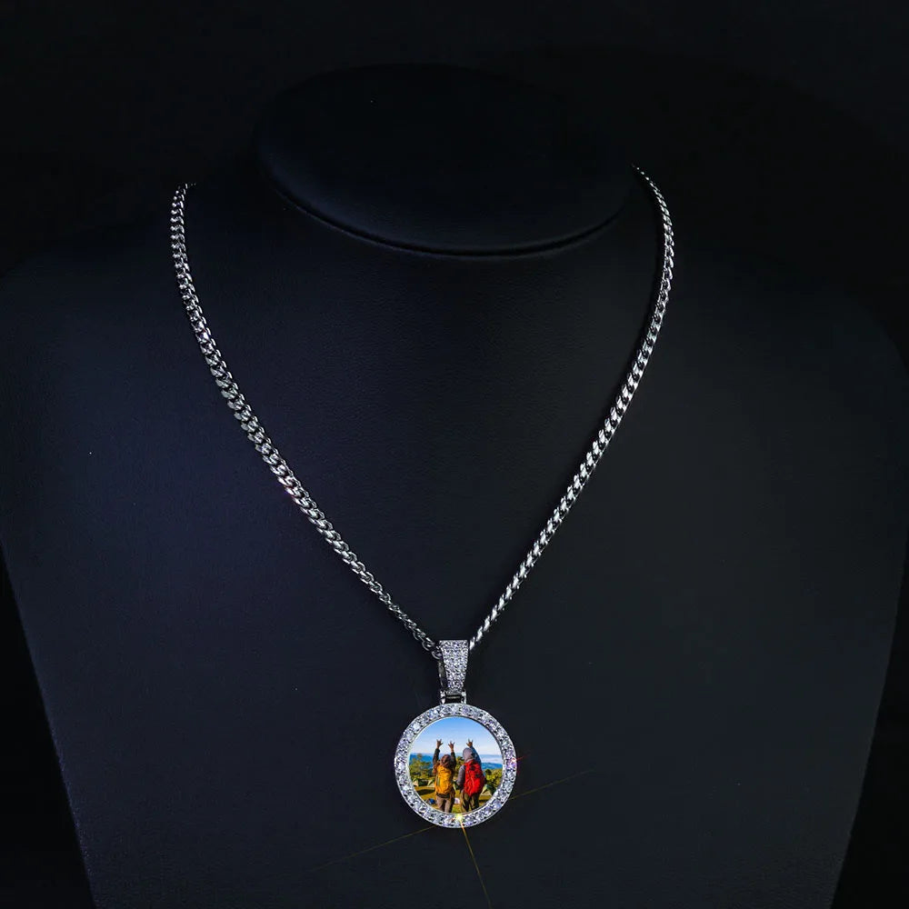 HHIOK Customized Necklaces Circle Chain Picture Personalized Diamond Memory Pendant with Photo Wing Design Gift for Men