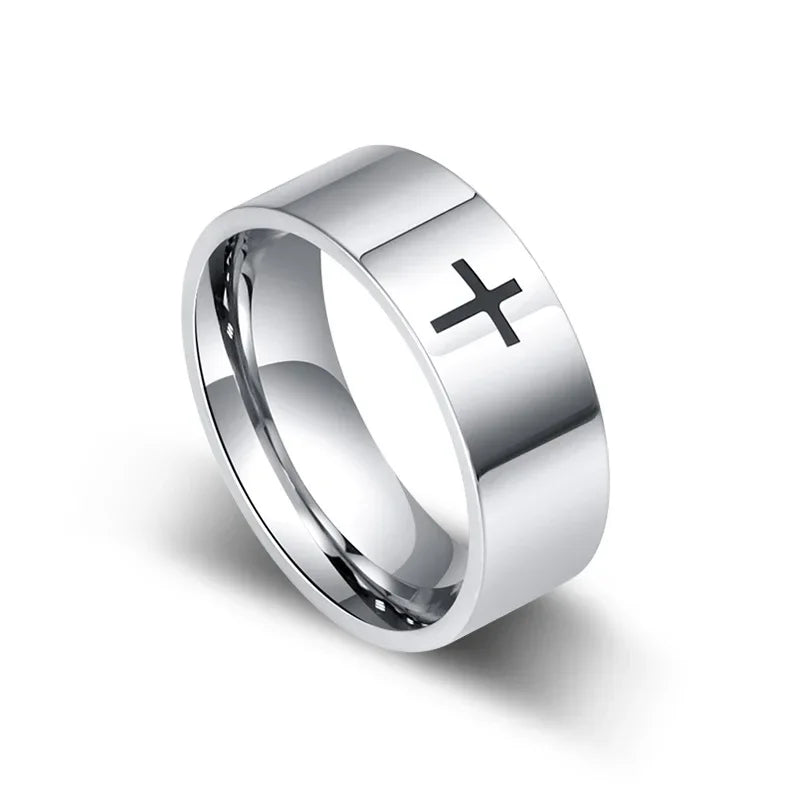 Unisex Retro Punk Style Jesus Cross Ring 6/8MM Black Silver Fashion Religious Prayer Jewelry for Men And Women Halloween Gift