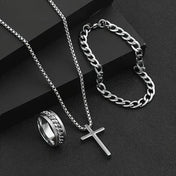 Cuban Cross Pendant Necklace Bracelet Ring Set — Stainless Steel