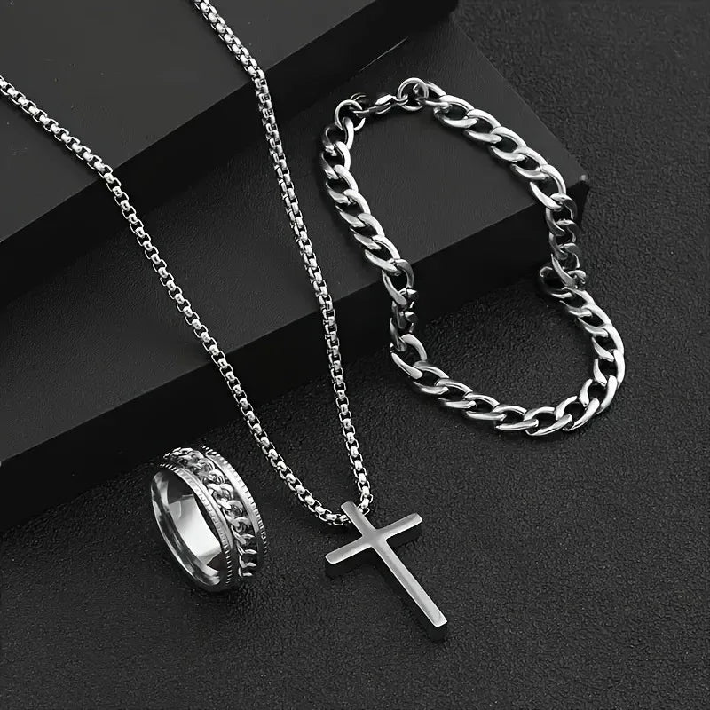 Cross Pendant Necklace Cuban Link Bracelet&Ring 3pcs Set Hip‑Hop Trendy Minimalist Versatile Stainless Steel Jewelry Black/Steel