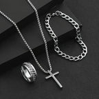 Cross Pendant Necklace Cuban Link Bracelet&Ring 3pcs Set Hip‑Hop Trendy Minimalist Versatile Stainless Steel Jewelry Black/Steel