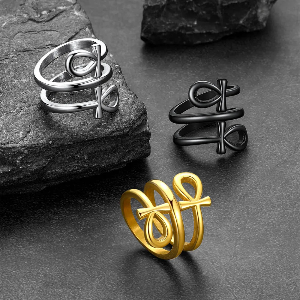 Ankh Cross Ring Layered Wrap Key of Life — Stainless Steel