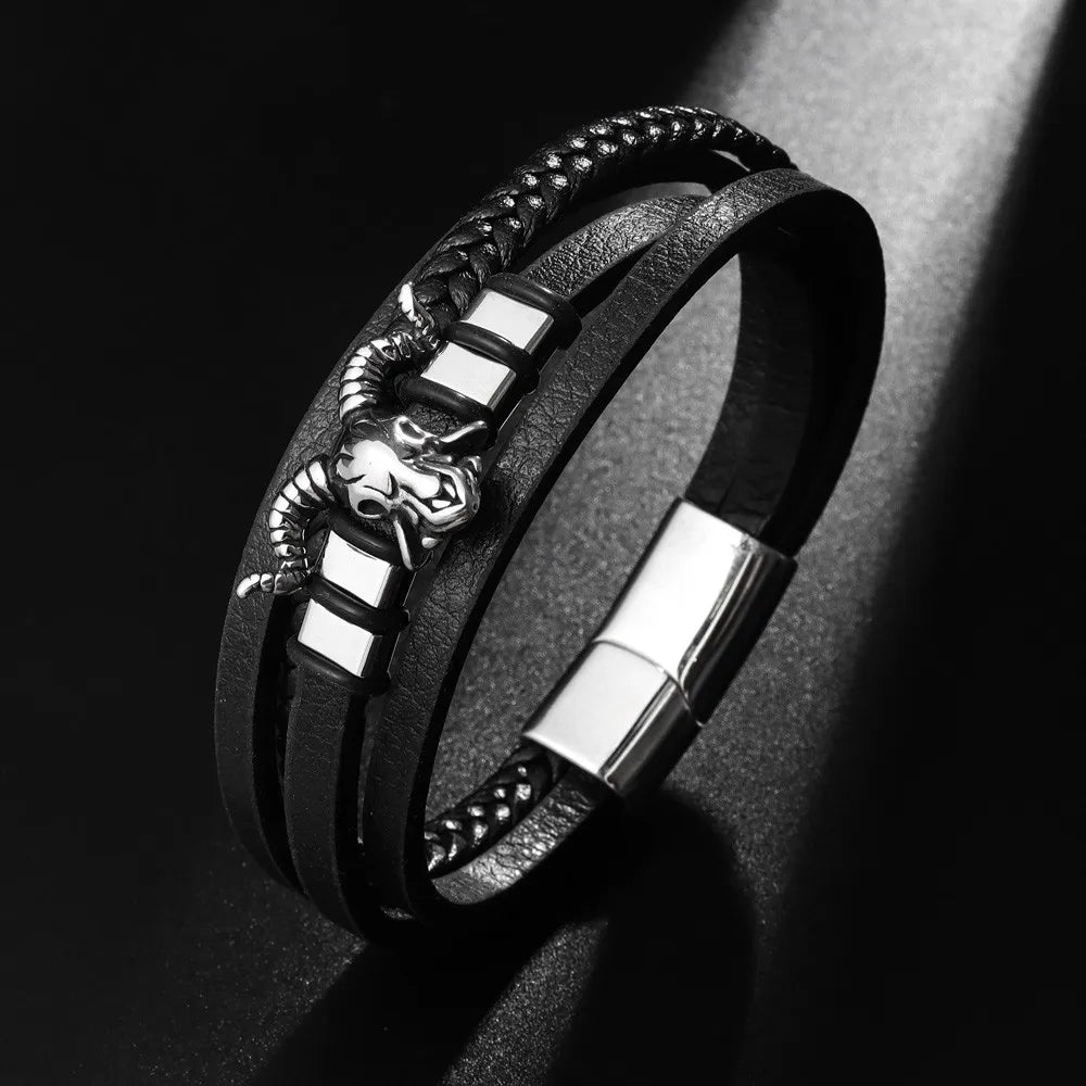 New Vintage Leather Woven Rope Bracelet Titanium Steel Sheep's Head Magnetic Buckle Men's Bracelet Fashion Jewelry