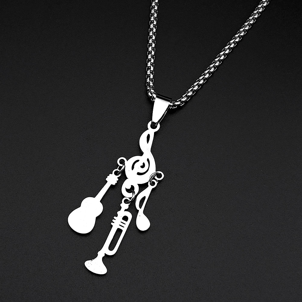 Treble Clef Pendant Necklace For Musicians Music Note Guitar Trumpet Charms Stainless Steel Chain Rock Hiphop Jewelry