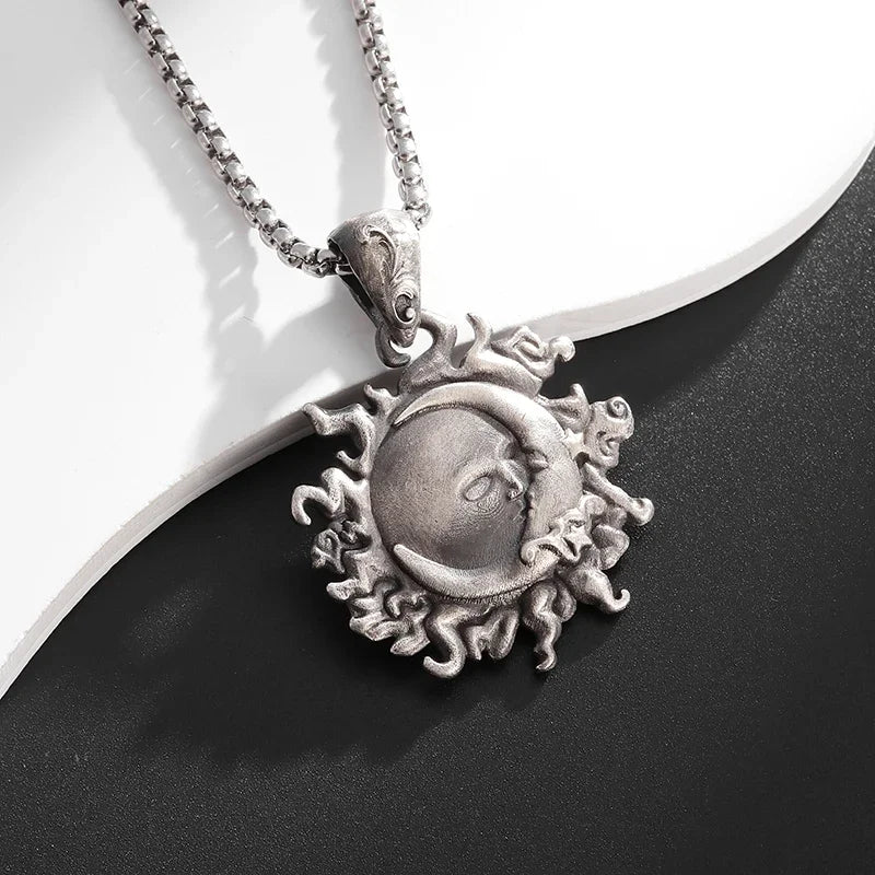 Sun Hugging Moon Round Pendant — Stainless Steel