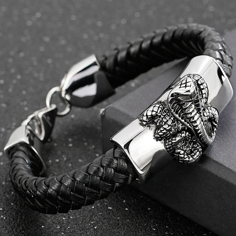 Punk Gothic Men's Snake Head Body Bracelet Man Distressed 316L Stainless Steel & Leather Wrap Bracelet for Men Animal