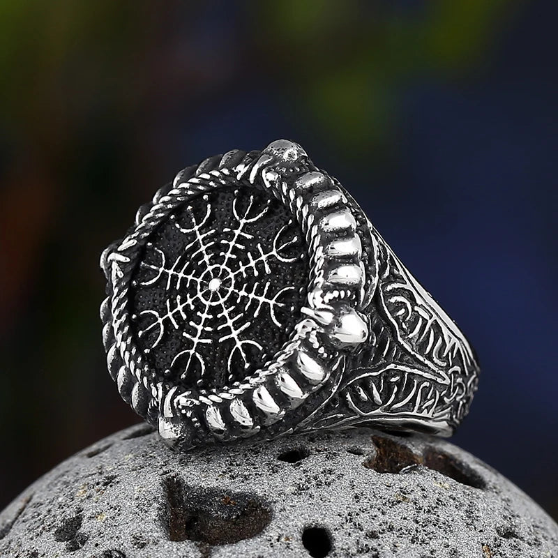 Stainless Steel Viking Compass Runic Statement Rings With Skull Punk Men Vintage Viking Men Rings Jewelry