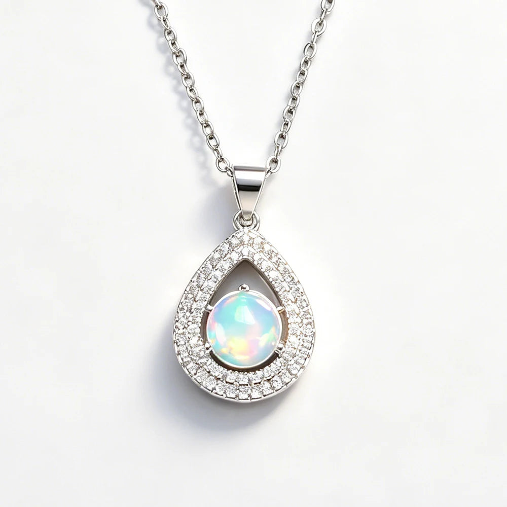 Opal Stone Pendant Necklace — Round 7mm Cabochon