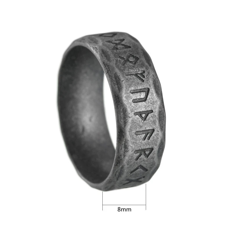 Ancient Rune Black Metal Ring 8mm Wide Stainless Steel Viking Ring with Old Norse Inscriptions Gothic Gift for Him & Her