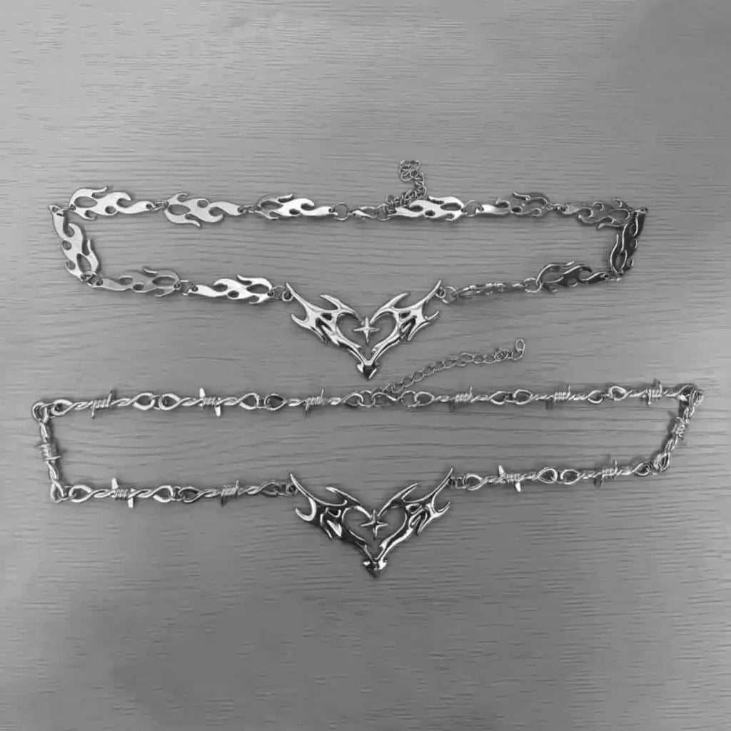 Flame Heart Choker Necklace — Barbed Wire Thorns, Y2K Gothic