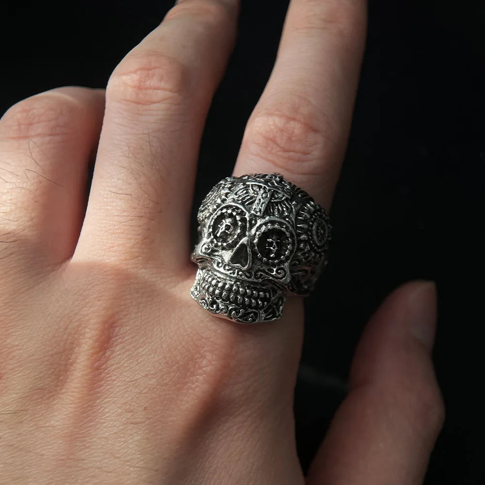 Retro Floral Cross Skull Ring for Men Steampunk Gothic Adjustable Open Ring Biker Jewelry Streetwear Accessories Unisex