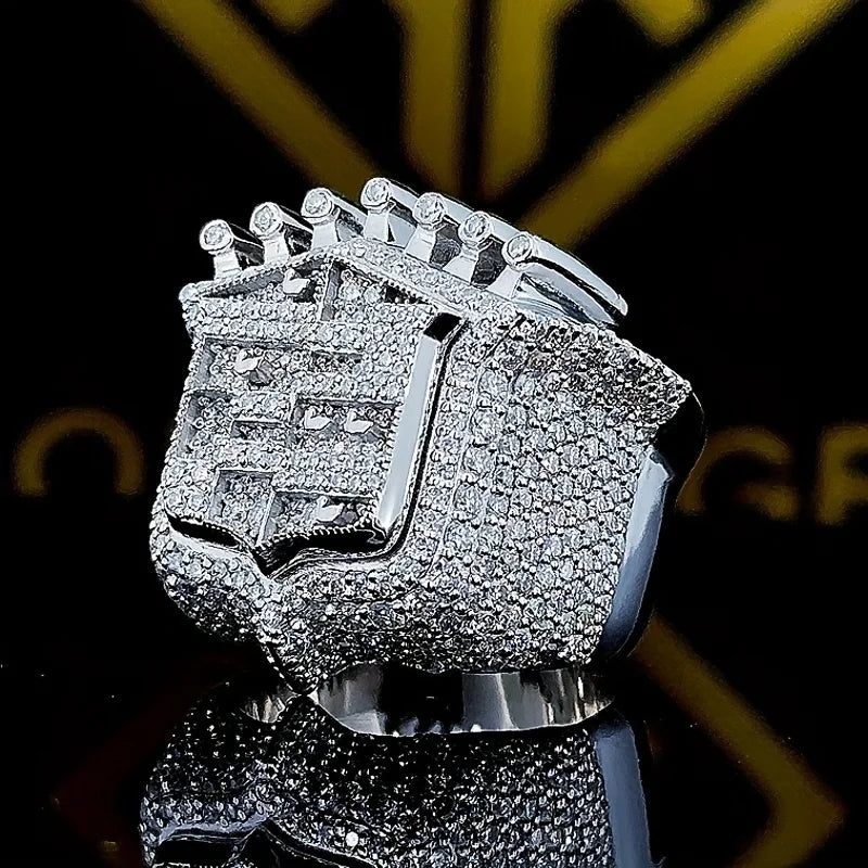 2025 New Men's 925 Sterling Silver Ring Vintage King Crown Iced Out Hip Hop Rings White Gold Plated Huge Punk Rapper