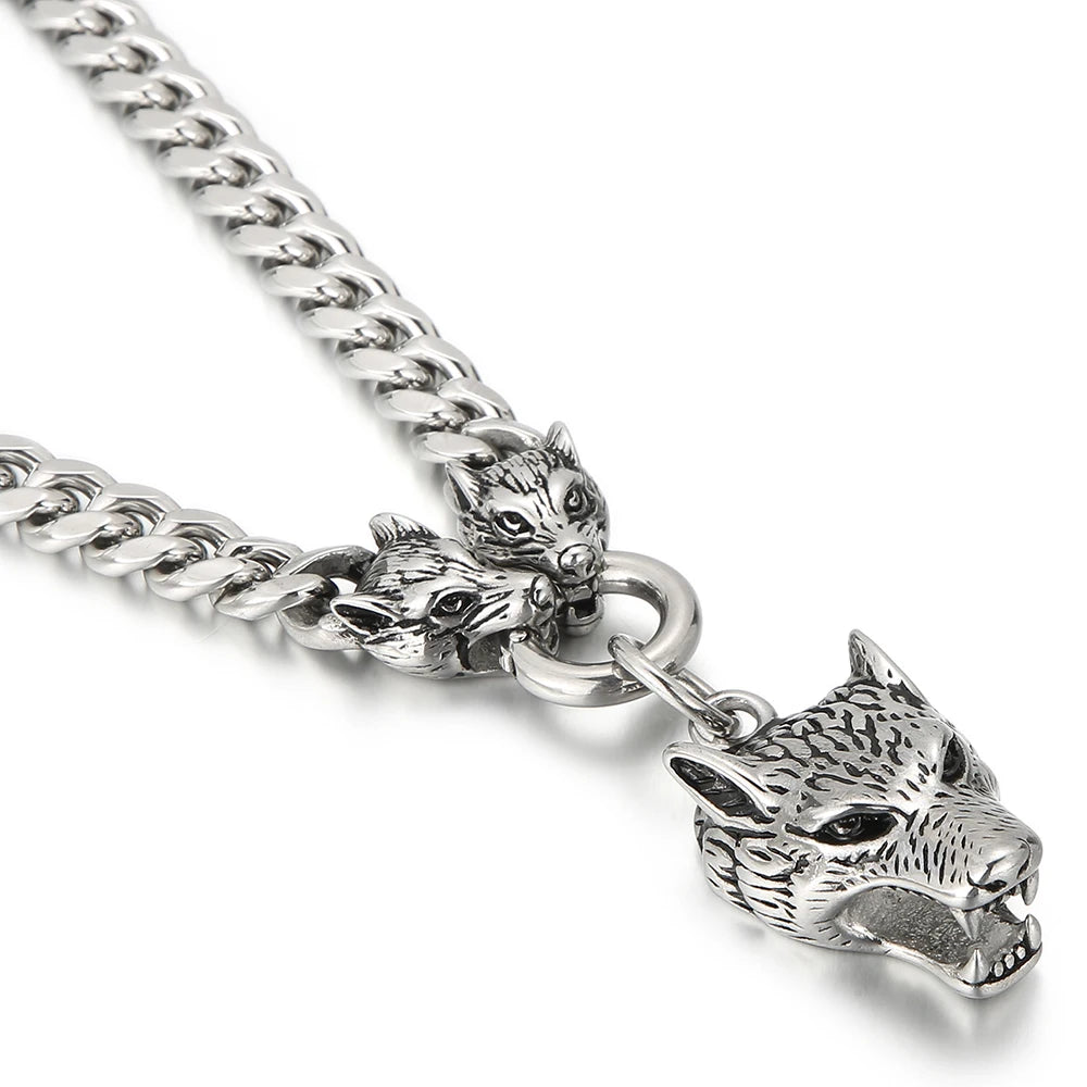 Curb Link Chain Men's Neck Necklaces for Man Gold Color Stainless Steel Wolf Head Man Pendant Necklace 65CM Long Viking