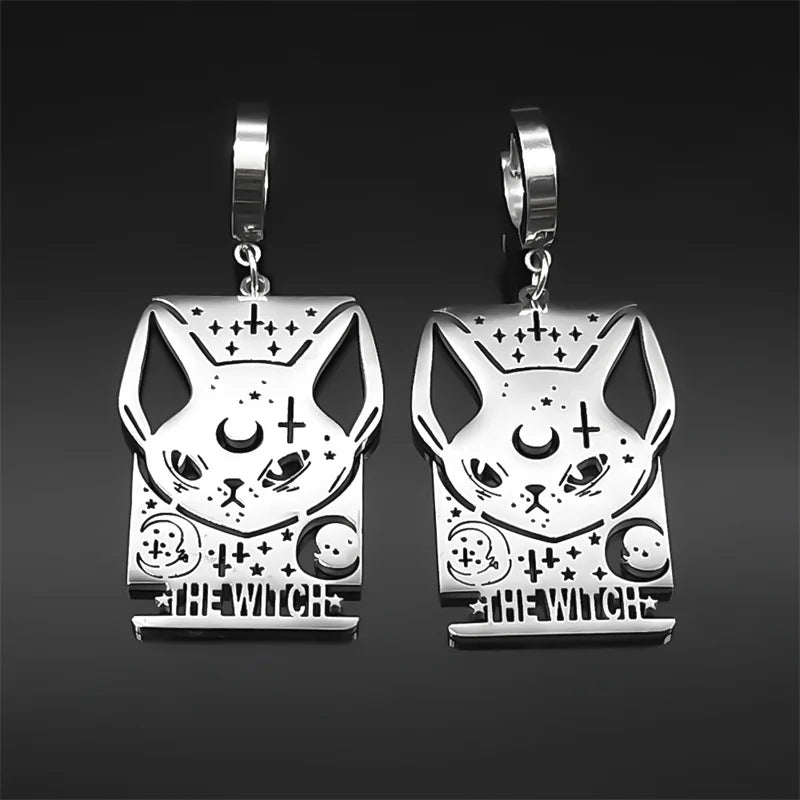 Cat Silver Earrings Gothic Witch Moon Long Hoop