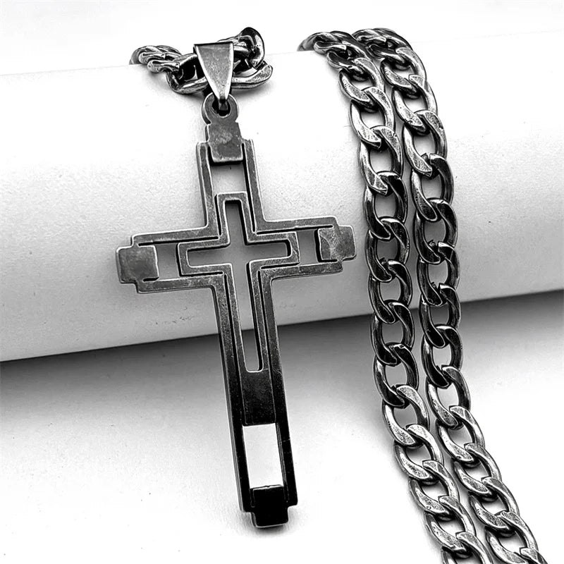 Hip Hop Cross Stainless Steel Chain Necklaces Gold Color Long Pendant Necklace for Women Men Christian Jewelry collier