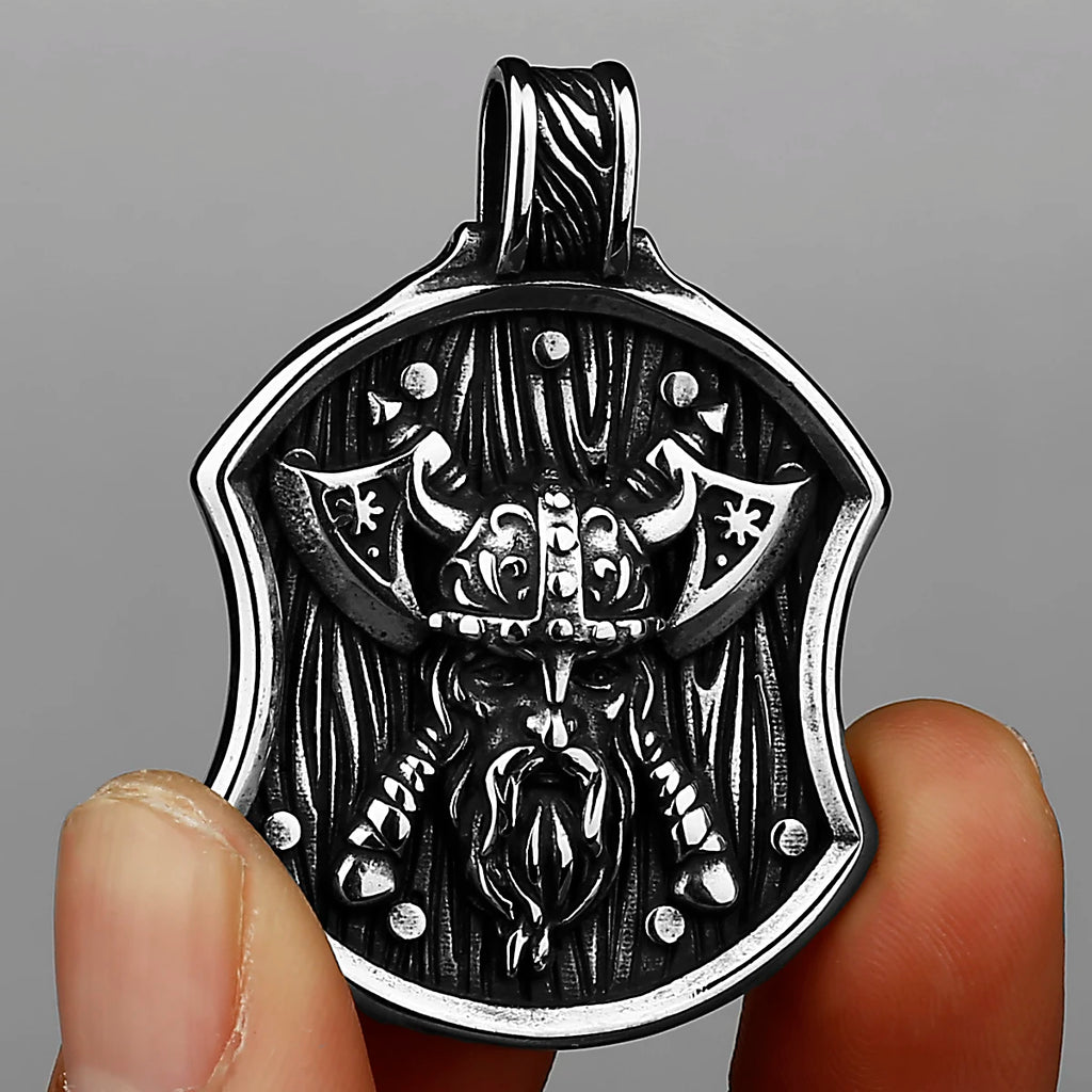 316L Stainless Steel Fashion Viking Odin Warrior Shield Necklace Nordic Amulet Double Axe Necklace Pendant Jewelry Men's Gift