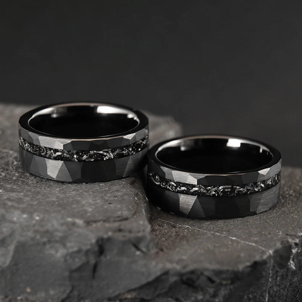 8MM Black Tungsten Men’s Wedding Bands Classic Hammered Meteorite Ring Fashion Simple Couple Promise Engagement Rings