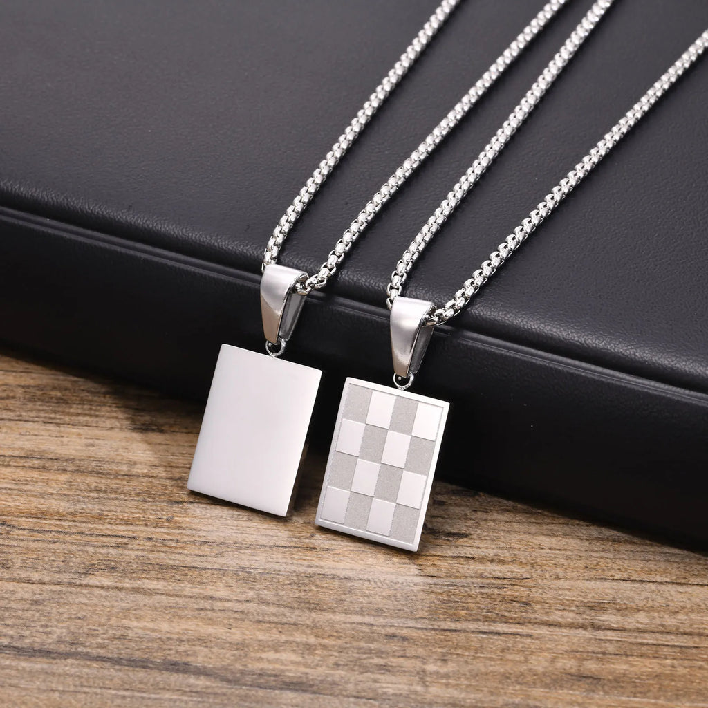Mprainbow Men's Square Checkerboard Necklace,Waterproof Stainless Steel Checkered Geometric Pendant Collar Birthday Gift Jewelry