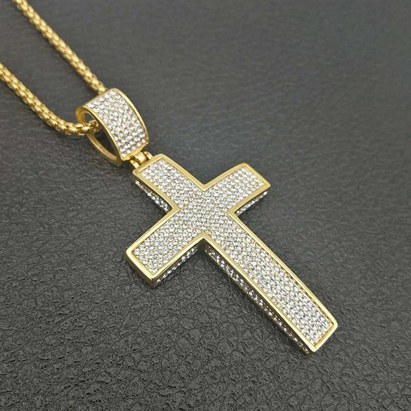 Stainless Steel Cross Pendants Necklaces Gold Color CZ Stone Paved Bling Iced Out Hip Hop Rapper Jewelry with 24" Gold